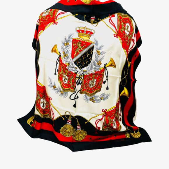 Unused Celine Paris 100% Silk Scarf Satin 34" Beige Black Red Prumpet Bow  (37 - Picture 4 of 16